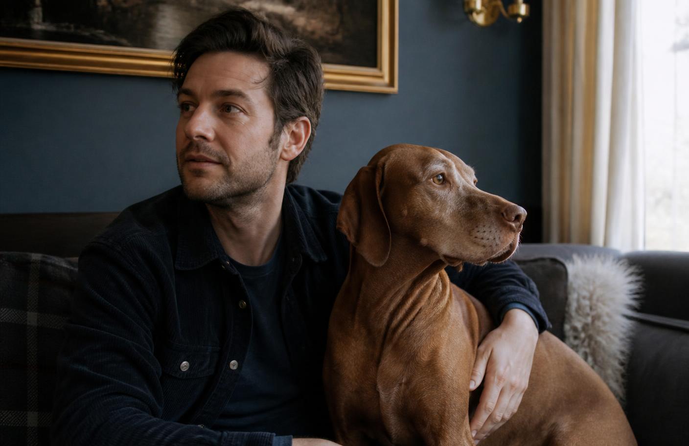 A man in his mid-30s on a couch in morning light, his arm around his senior Hungarian vizsla sitting beside him