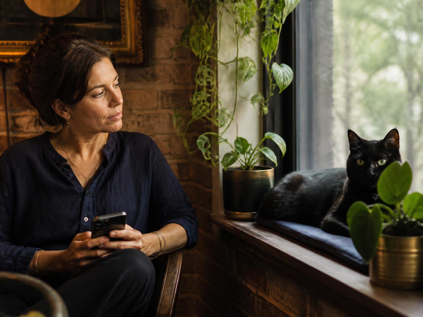 A woman in her late 30s quietly observing her black cat resting on a sunny windowsill among plants, phone in hand
