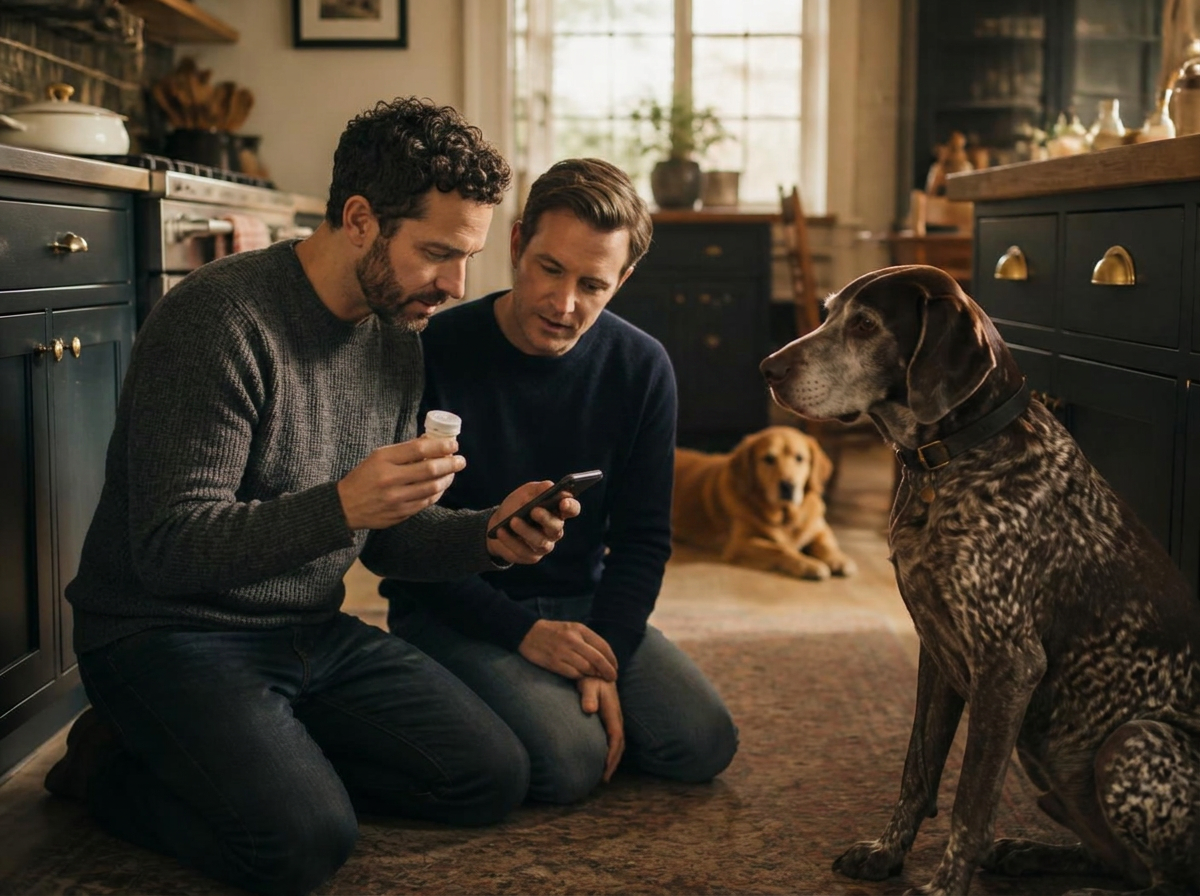 Two men in their mid-30s kneeling in a warm kitchen, checking a pill bottle against their phone while their senior German shorthaired pointer waits beside them and a golden retriever rests nearby